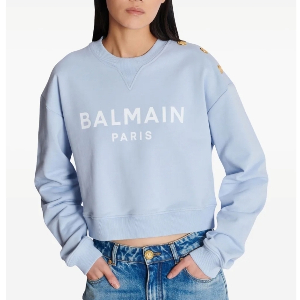 Balmain 3 Gold Button Logo Text Cropped Sweatshirt Size L Blue